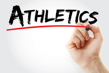 Hand writing Athletics with marker, sport concept background