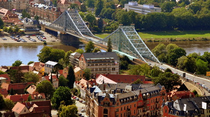 Herrlicher Ausblick auf die Elbe und das Blaue Wunder vom Wagon der Standseilbahn in Loschwitz