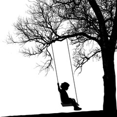 Little girl on swing under a tree. Realistic silhouette of a girl swinging on a swing under a tree (Vector illustration)