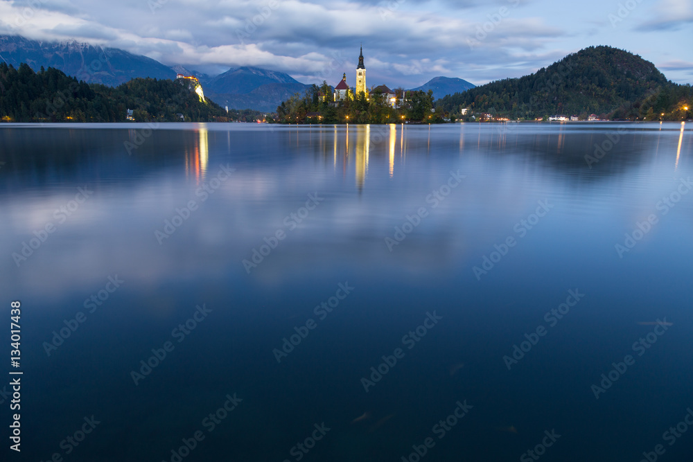 Canvas Prints Church of Bled by night in Slovenia, Europe