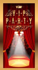 VIP party inscriptions with red theater curtains and velvet carpet.