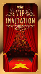 VIP invitation inscriptions with red theater curtains and velvet carpet.