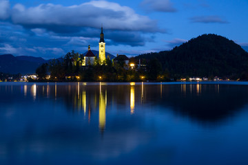 Church of Bled by night in Slovenia, Europe