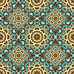Vector seamless pattern with bright ornament. Tile in Eastern style. Ornamental lace tracery. Ornate swirl geometrical decor for wallpaper. Traditional arabic mosaic design