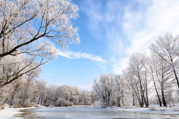 Landscape with frozen water, ice and snow on the Dnieper river in Kiev, Ukraine, during winter