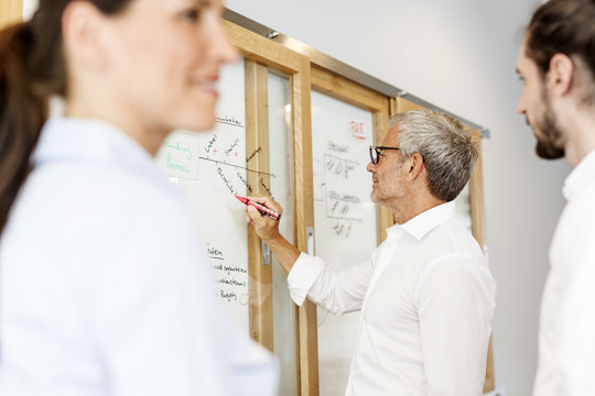 Businessman writing on board in office