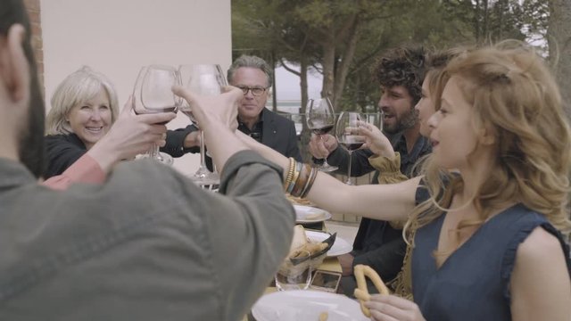 Family toasting with wine outdoors