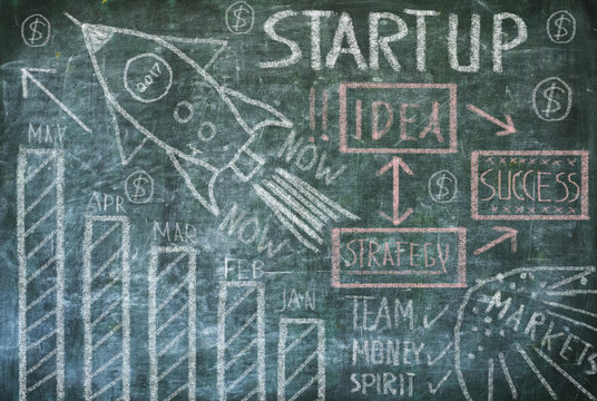 drawing Startup concept on chalkboard, free copy space