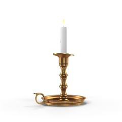 Obraz na płótnie Canvas Antique metal candlestick with burning candle on white background. 3D illustration