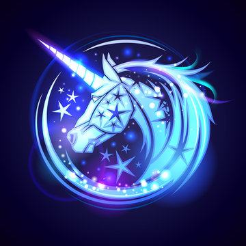 Fototapeta Unicorn head logo concept, with stars and neon glowing