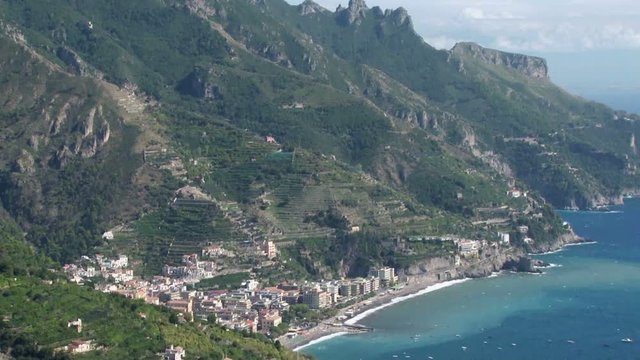 Stunning view of the Amalfi coast looking towards the town of Amalfi, Italy