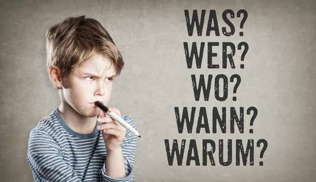 German 5W questions, what, who, where, when, why, Boy on grunge
