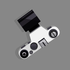 Camera isolated on gray background. Flat icon with shadow. Hand drawn vector illustration. Top view