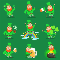 Classic Leprechaun In Green Outfit Set Of Emoji Illustrations With Cartoon Character And Irish Symbols