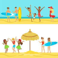 Happy People On Tropical Beach Vacation In Hawaii Surfing And Staying Next To The Sea