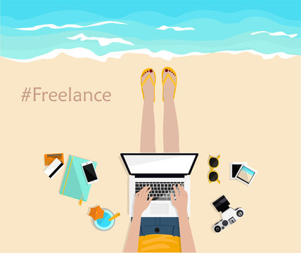 Freelance. Girl laying on the beach and typing on laptop. Top view. Hand drawn vector illustration. Freelancer life. Desktop with mobile, notebook, camera, pictures and credit cards. Work and rest.