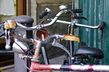 Detail of an old bicycle closeup. The composition of the bicycle handlebars.