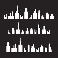 Building icons set, white isolated on black background, vector illustration.