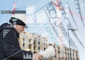 Collage with an engineer on construction site, cranes and US dollars