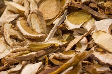 Dried buletus mushrooms close up.