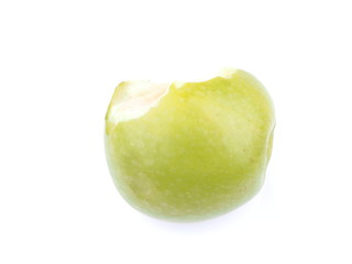 bitten green apple on a white background