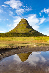 Iceland, Seljalandsfoss Peninsula. Mount kirkjufell reflecting on water