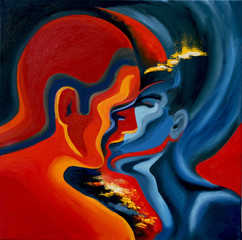 Kiss, abstract art in blue and red, oil painting on canvas - 134025456