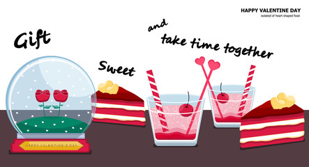 Illustration vector dessert and gift set on table of red velvet cake slice , couple glass of Italian strawberry soda with cherry and couple rose in snow globe on Valentine Day concept.