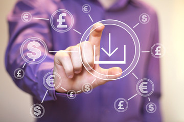 Businessman pushing button with dollar download currency web network
