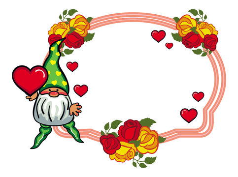 Oval label with roses and cute gnome holding heart. Vector clip art.