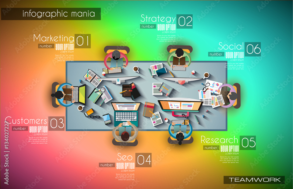 Aufkleber ideal workspace for teamwork infographic and brainstorming with flat style
