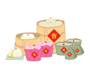 Illustration vector Chinese food and dessert on round crate bamboo isolated and lucky and rich Chinese language sign for Chinese Mew Year table decoration on white background.