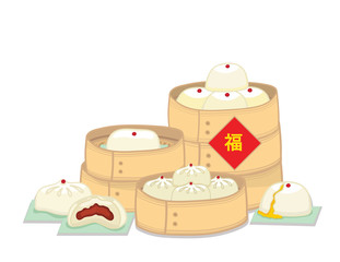 Illustration vector Chinese food and dessert on round crate bamboo isolated and lucky and rich Chinese language sign for Chinese Mew Year table decoration on white background.