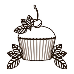 silhouette cupcake decorated with cherry and leaves vector illustration