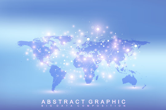 Geometric graphic background communication with Political World Map. Big data complex with compounds. Perspective minimal array. Digital data visualization. Scientific cybernetic vector illustration.