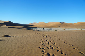 Fototapeta na wymiar Fussspuren im Sand, Sossusvlei, Namibia