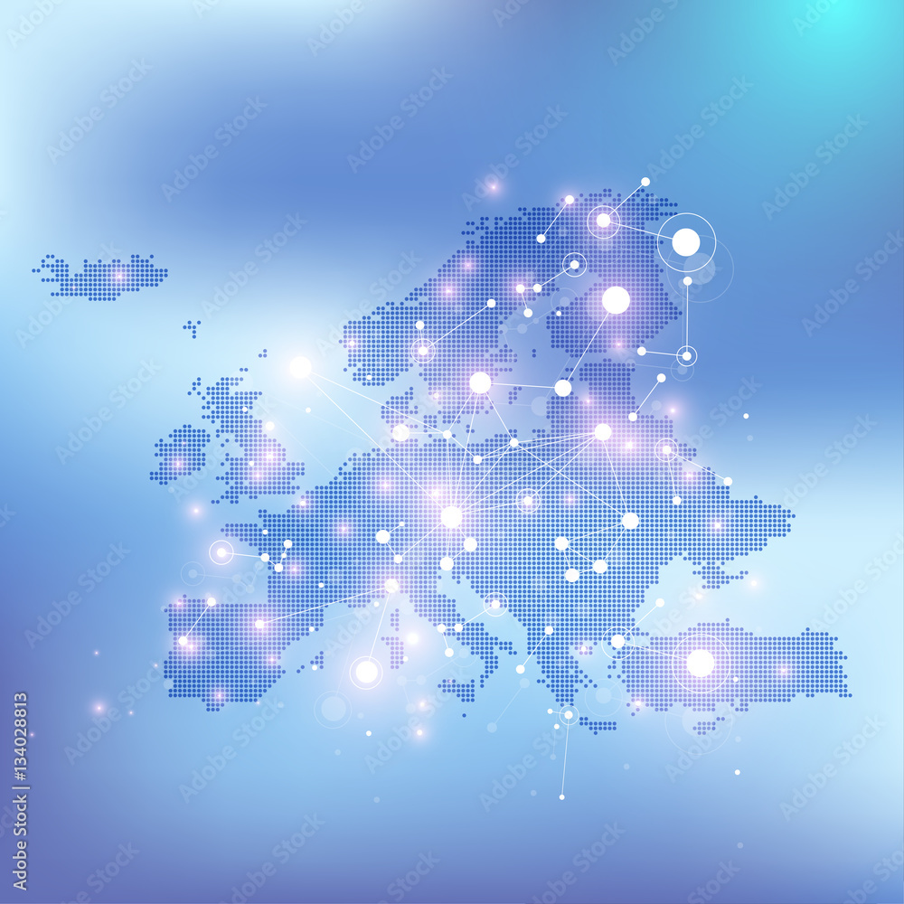 Aufkleber Geometric graphic background communication with dotted Europe Map. Big data complex with compounds. Perspective minimal array. Digital data visualization. Scientific cybernetic vector illustration.