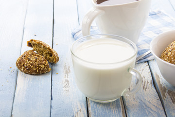 cocoa milk oatmeal cookies breakfast kitchen blue wooden background