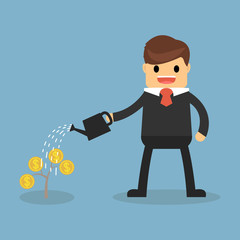 Happy businessman watering money plant.