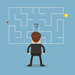 Businessman with a maze and think about solution to success.