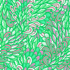 Fototapeta na wymiar Seamless floral green and pink bright doodle pattern