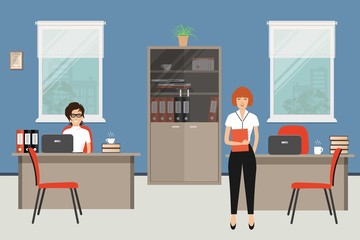 Office room in a blue color. Two young women are employees at work. There is furniture in beige color and red chairs on a windows background in the picture. Vector flat illustration