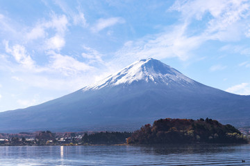 fuji mountain on blue sky background view from the lake kawaguch