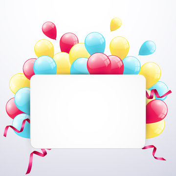 Greeting card with frame and colored balloons on white background, vector illustration