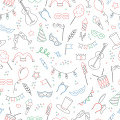 Seamless pattern on the theme of masquerade and carnival , simple colored contour icons on white background