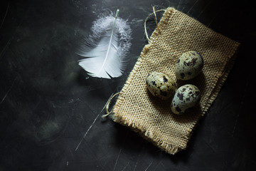 Quail eggs on burlap cloth, white feather, on black scratched concrete background, top view, aerial, Easter concept, minimalistic, moody, conceptual