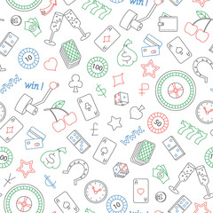 Seamless pattern on the theme of gambling and money simple colored contour icons on white background