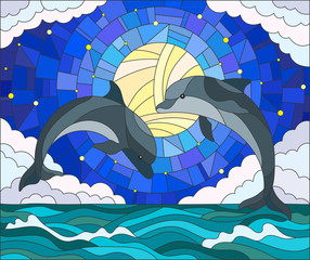 Fototapeta premium llustration in stained glass style with a pair of dolphins on the background of water ,cloud, starry sky and moon