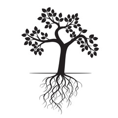 Black Apple Tree and Roots. Vector Illustration.