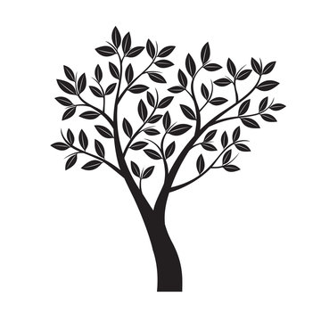 Black Tree and Leafs. Vector Illustration.